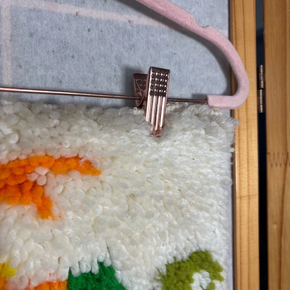 Vintage Latch Hook Floral Punch Needle Wall Hanging Orange‎ Yellow Flowers Cream